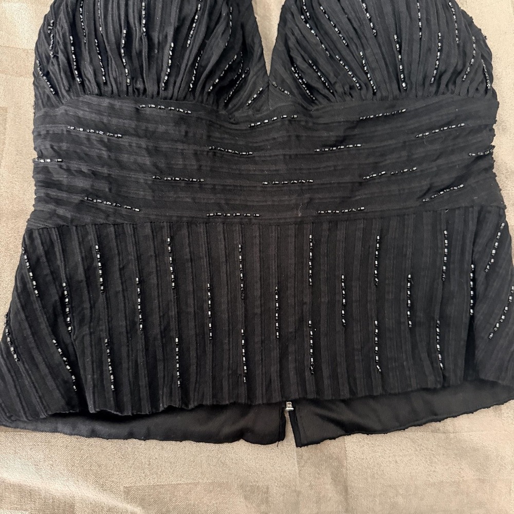 VTG Y2K Cache Tank Top Womens 8 Black Beaded Halter Camisole Chiffon Lined Party - Picture 5 of 13